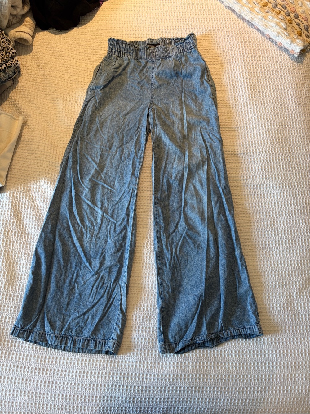Wide Leg Elastic Waist Denim Pants - Light Blue